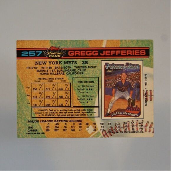 Gregg Jefferies 1991 Topps Stadium Club New York Mets 2B Card # 257 - Picture 2 of 2